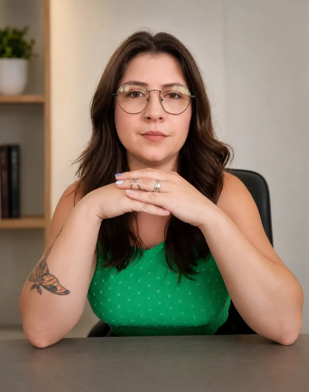 Bárbara Bellodi, psicóloga, sentada em sua mesa de atendimento